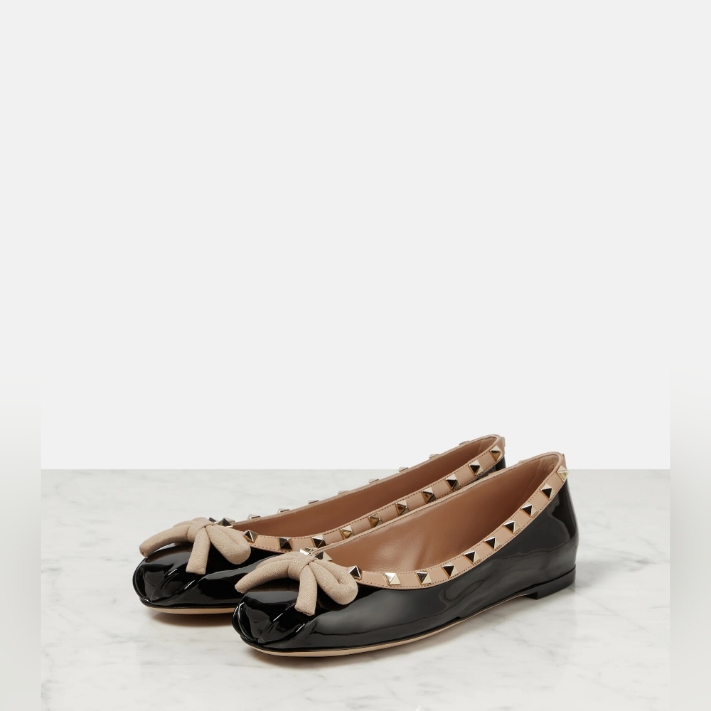 VALENTINO Rockstud Bow Detailed Patent Leather Ballet Flats